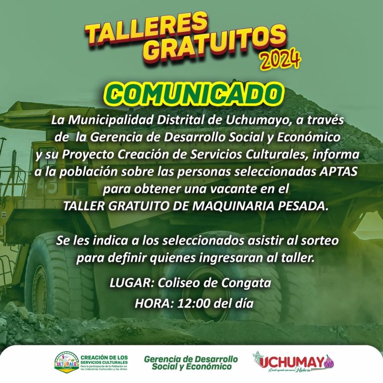 Presentamos la lista de los participantes aptos para el sorteo para el taller de Maquinaria pesada.