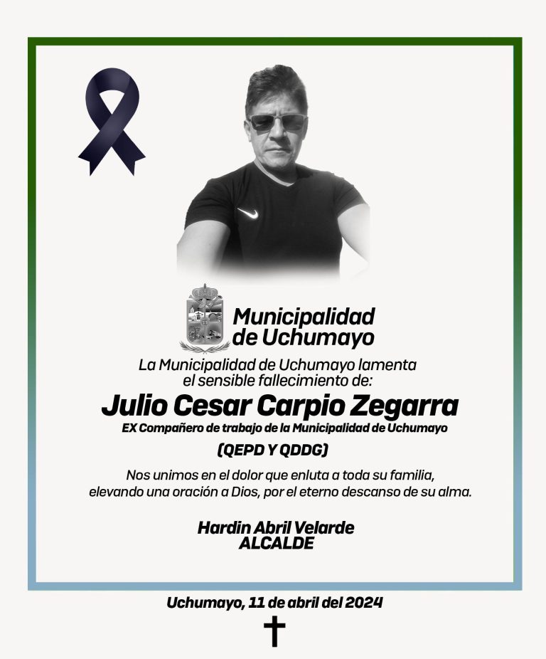 ✝️? | Lamentamos el sensible fallecimiento del Sr. Julio Cesar Carpio Zegarra, ex compañero de trabajo de la Municipalidad de Uchumayo. Enviamos a sus familiares y amigos nuestros sinceros sentimientos de solidaridad y condolencias.