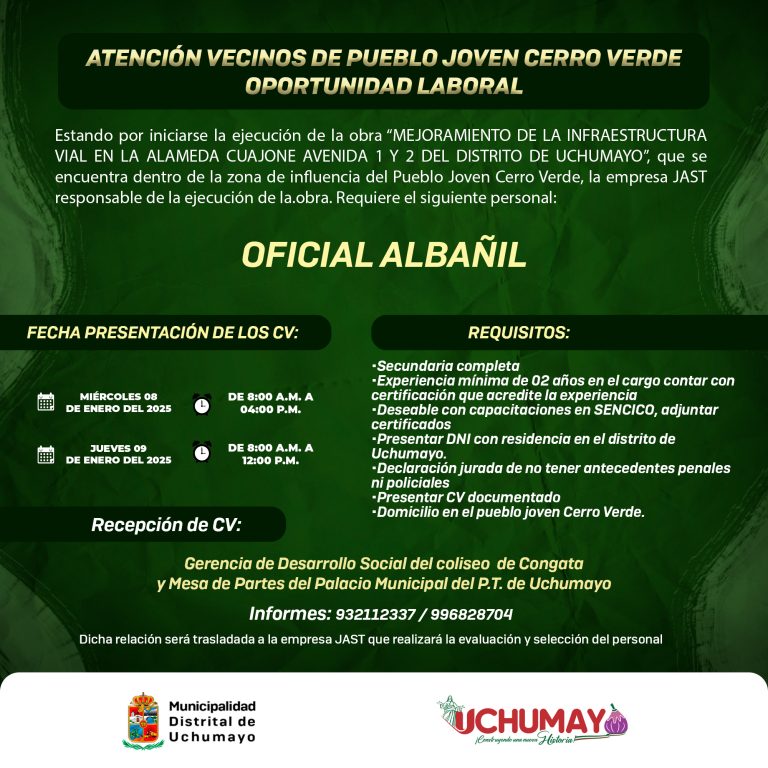 ¡Atención vecinos de Pueblo Joven Cerro Verde! – OPORTUNIDAD LABORAL