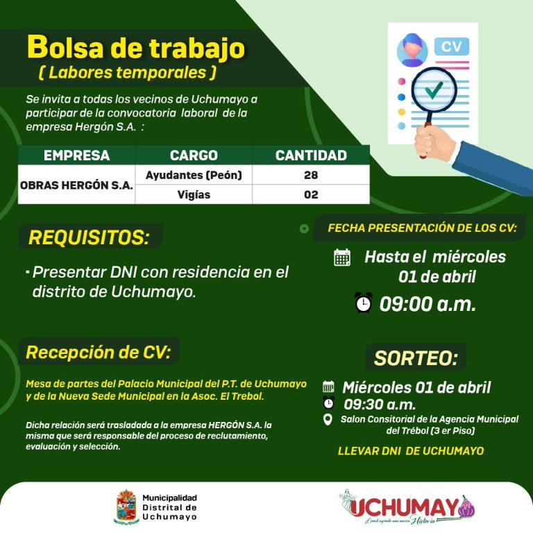 ¡Oportunidad laboral para vecinos de Uchumayo!